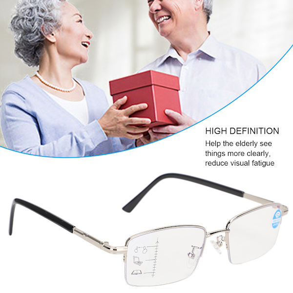 Metalliset Multifocal-väsymystä lievittävät lukulasit Blue Rays Presbyopic -lasit 150 hopea