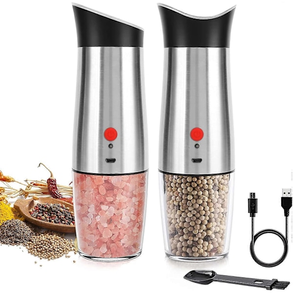 Elektrisk Salt- og Pepperkvern Oppladbar: - USB Automatisk Gravitasjons Pepperkvernsett, Justerbar Grovhet Etterfyllbar Auto Pepperkorn Sh