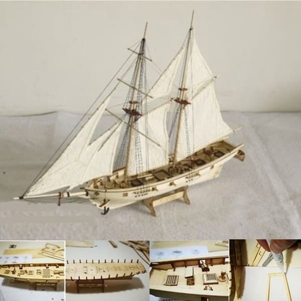 Træsejlbådsskibssæt - DIY Modeldekoration til børn - 7 stk. bronzedele