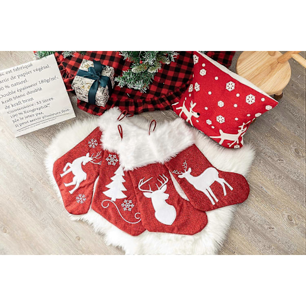 Julestrømper, 4 stk. 50 cm Store Julestrømper, Sækkelærreds-stil Snefnug, Juletræ og elg og Plys Faux Fur Manchetstrømper, til Familieferie