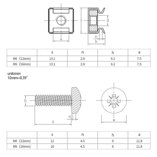 Carbonstål Skruer Burmøtrikker Skruer Skive M6 X12mm 16mm Rackmonteret Server