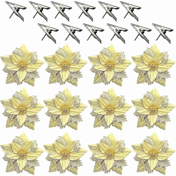 Set med 12 Konstgjorda Julstjärnor för Dubbla Lager Glitter Julgransdekoration med Guld