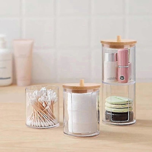 Akryl Opbevaringsboks med Bambuslåg - Makeup Organizer til Badeværelset til Vatrondeller og Vatpinde E