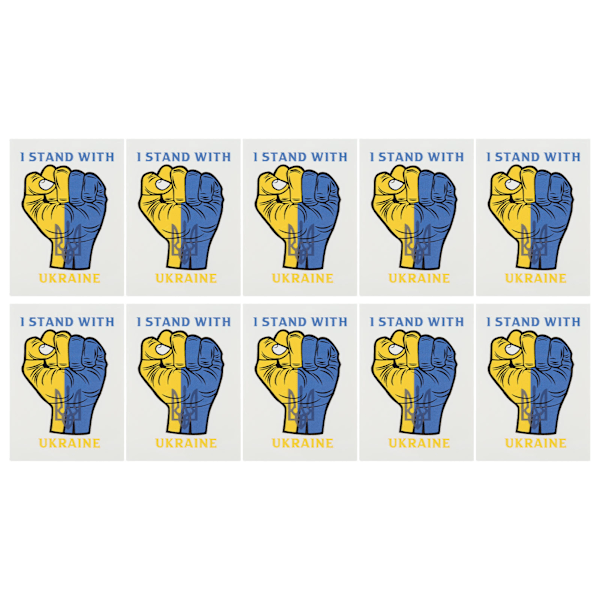 10 stk. PVC-klistermærke - Jeg står med Ukraine-klistermærke - knytnæveform - 8x6 cm - til indendørs og udendørs dekoration