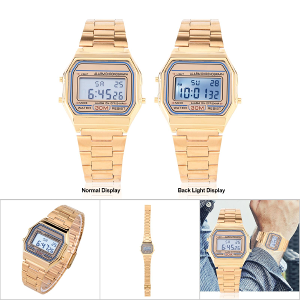 Digital LED-baklys Elektronisk armbåndsur i rustfritt stål rektangel-armbåndsur (gull) Gold