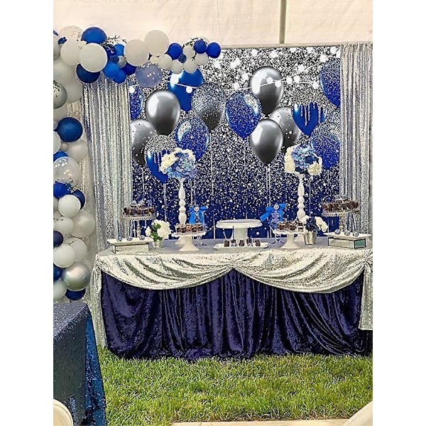 Sininen ja hopea tausta 150x210cm, käytetty Orlando Wedding Ball -juhliin, syntymäpäiväjuhlien valokuvaustausta, kiiltävä hopeanharmaa sininen ilmapallo lapsille