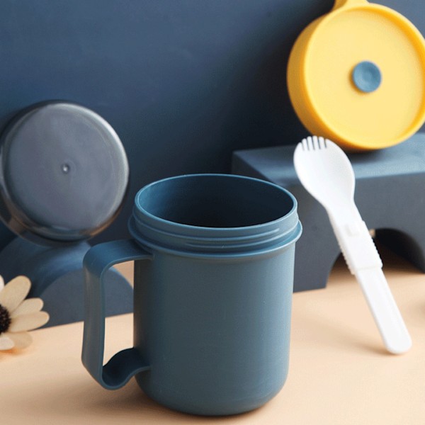 500ml Soup Cup Kannettavat kiinteät muovieristeiset keittoastiat kannella ja lusikalla toimistokouluun 500ml sininen