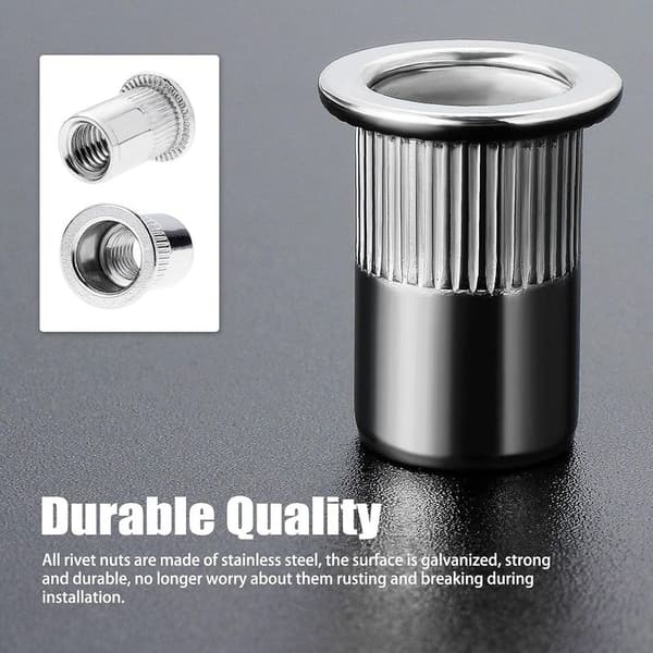 100 stk. M8 blindmutter, blindmutter i rustfritt stål, sortiment av M8 gjengede innsatsmuttere med flatt hode for metall og plast (14 mm x 18 mm)