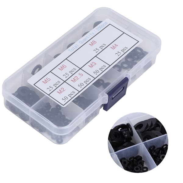 250 st packning set nylon platt bricka sortiment kit M2 M2.5 M3 M4 M5 M6 M8 svart