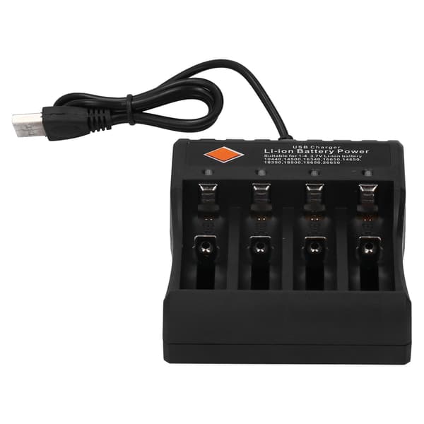 Batterioplader DC4.2V med 4 genopladelige pladser og USB-kabel, passer til 3.7V Li-ion