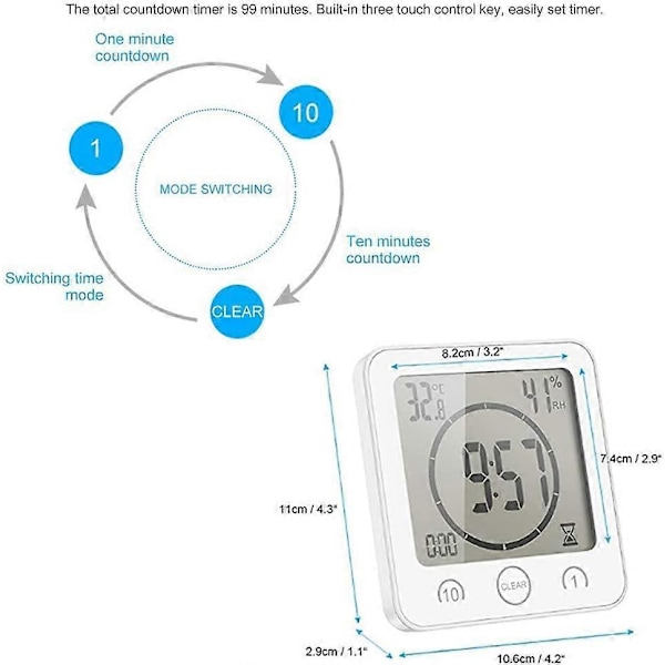 Vit Badrumsklocka, Vattentät Touchkontroll Duschklocka, LCD Digital Alarm, Hygrometer Termometer, Nedräkningstimer, Batteridriven, för Kök