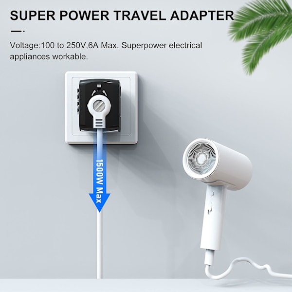 Universell reiseadapter med 4 USB-porter - Fungerer i 200 land - UK/USA/EU/AUS/Kina/Japan - AC-stikkontakt for iPhone, iPad