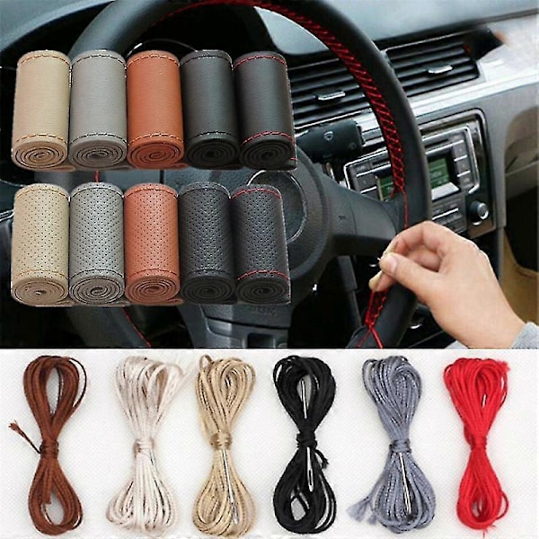 Läder Bilratt Skydd Bilfläta På Ratten 38 cm DIY Universal Auto Ratt Skydd Läderfodral Zekai Brun-Sidlinjetyp