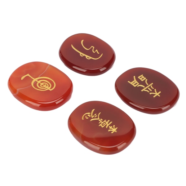 4 st naturliga runstenar med graverade Reiki-symboler Platta ovala Meditationsrunstenar med förvaringspåse Röd agat