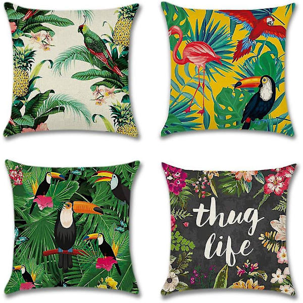 Flamingot ja trooppiset kasvit set , 4 - 45 x 45 cm, puuvillaiset pellavaiset koristetyynyliinat sohvalle, autoon ja kodin sisustukseen