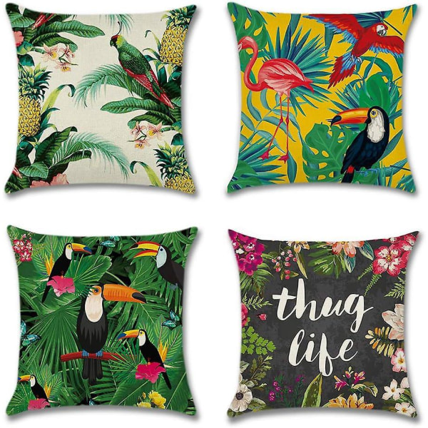 Putetrekk for flamingoer og tropiske planter på 4 - 45 x 45 cm, dekorative putetrekk i bomullslin for sofa, bil og hjemmeinnredning