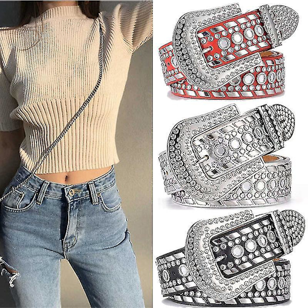 Dam Rhinestone Bälte, Western Cowgirl Bling Spikade Läderbälte Jeans Byxor, Svart, 110cm