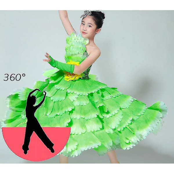 Moderne Petal Dance Kjole for Jenter - Flamenco Ballroom Skjørt for Konkurranser, Sceneopptredener og Skoleaktiviteter 6-7 år 360 grønn