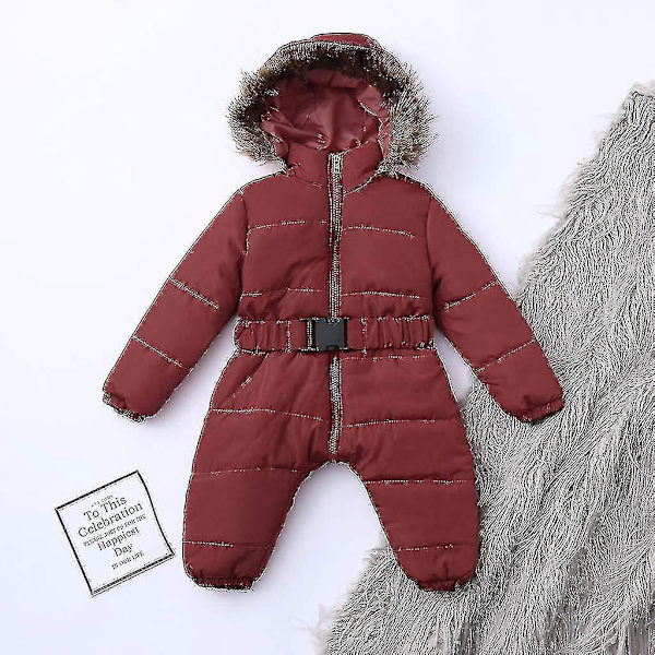 Baby Hooded Jumpsuit för pojkar och flickor (0-24 månader) med pälskrage 90cm Brun