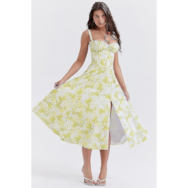 Blommig Bustier Sommarklänning - Ärmlös Ruched Boho Midiklänning (Fri Frakt) S vit gul