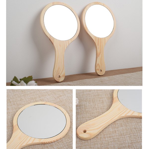 Trä Handspegel Kvinnor Makeup Speglar Vintage Portable Hängande Handtag Speglar