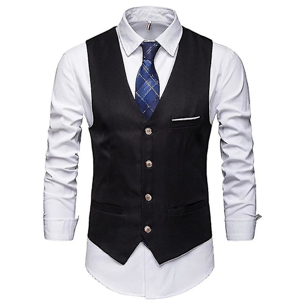 Ensfarvet V-hals Herrehabit Vest til Bryllup og Forretningsfest 3XL Sort