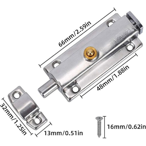 Rostfritt Stål Skjutdörrlås - Set om 2 | Förtjockad Bult | Badrum, Toalett, Sovrum, Fönster | 66mm | Skruvar Ingår