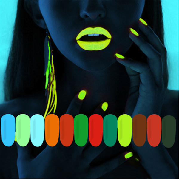 12 färger självlysande nagelpulver Fluorescenspigment Färgglatt glitter Glödande set för manikyr
