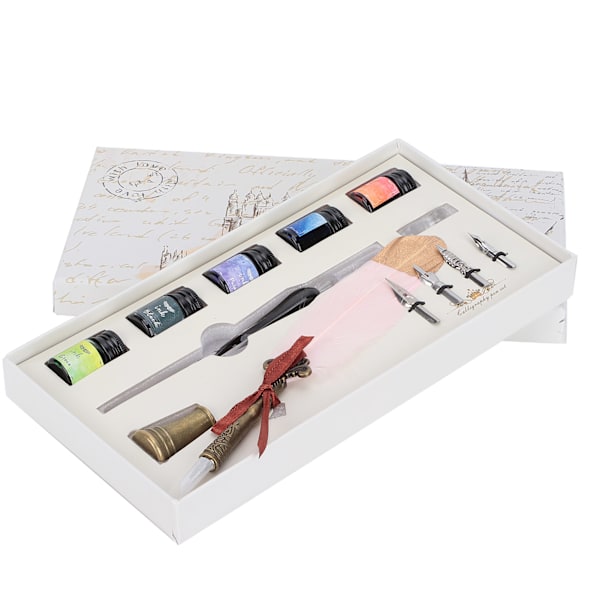 Kalligrafi Pen Set Glas Bläck Fjäder Fountain Pen med Utbytbart Spets Skriv Present Box KitSP118839 Guldhuvud Rosa