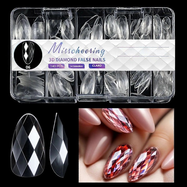 Balett Lösnaglar Mandelformade Klara 3D Diamant Akryl Resin Heltäckande Nagelkonst Förlängningsverktyg6