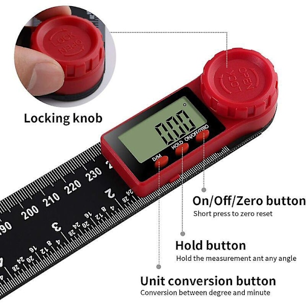 Digital Vinkelmåler Digital Vinkellinjal 360° Digital Goniometer med Stor LCD-skærm Lineal Måleværktøj (200mm)