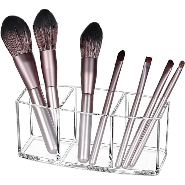 Akryl Makeupbørsteholder Organizer med 3 rum, Øjenbryns Eyeliner Blyant Display Case til Toiletbord, Sminkebord, Bordplader, Klar