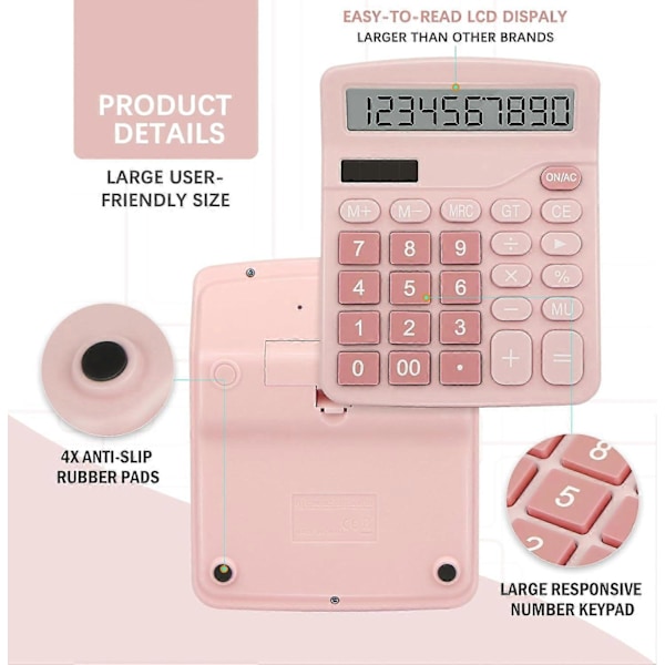 12-cifret solcelledrevet bordregner, kontorregner med stort LCD-display og store knapper, dobbelt strømforsynet bordregner (Pink)