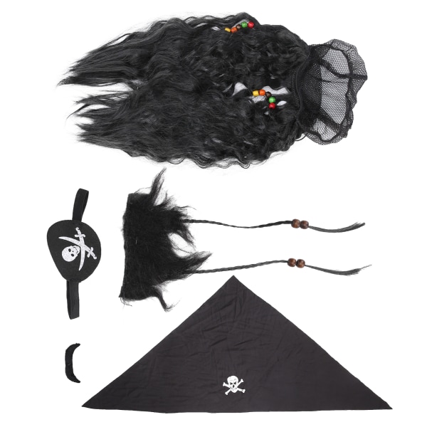 Black Pirate Fake Beard Bart Sett Parykk Hodeskjerf Falsk Flettet skjegg til Halloween