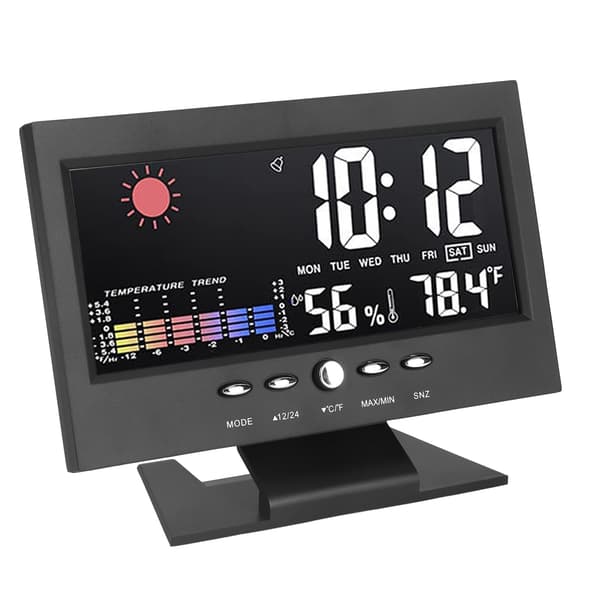 Sääennustekello ABS LED -värinäyttö Monitoiminen lämpötila- ja kosteushälytyskello Musta