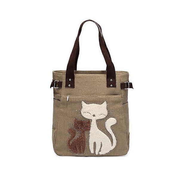 Kattetrykk Canvas Håndveske for Jenter og Kvinner, Stor Kapasitet Casual Skulderveske, Bærbar Solid Glidelås Tote Bag rød