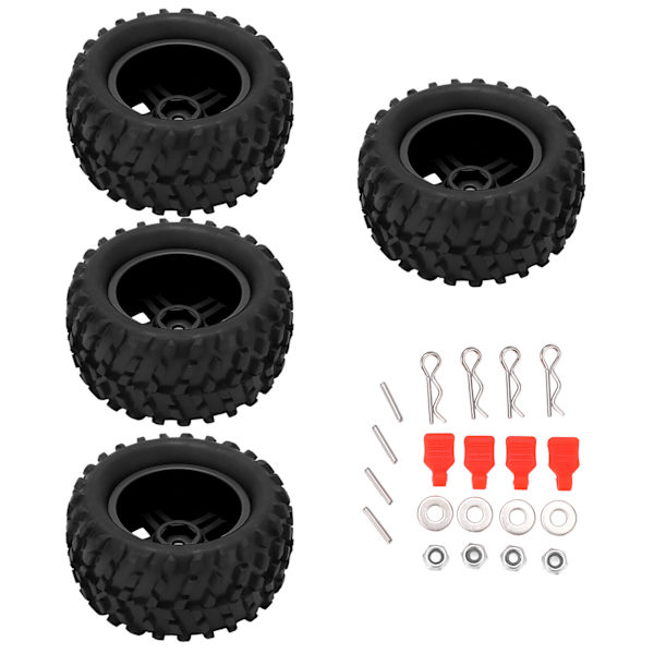 4 stk. RC-hjul og dekksett 82 mm foran og bak med flettet mønster for WLToys 144001 1/14 RC Off Road CarBlack