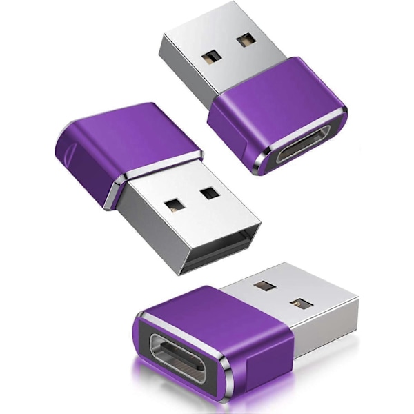 USB till USB C Adapter 3-pack, Typ C Hona till A Hane Laddningskabel Konverterare Lila