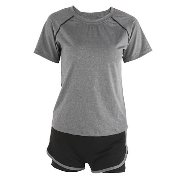 Kvinners sommer casual 2-delt kort ermet antrekk sett treningsklær fitness klær dressGrå kort ermet + svart grå høyt liv shorts XXL