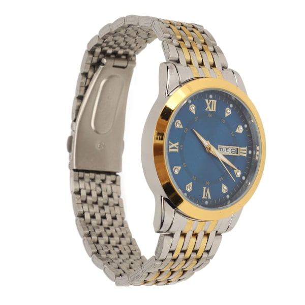 Klocka för män kvarts dag datum vattentät casual lyxig lysande modeklänning klocka med legering armband för affärer guld blå