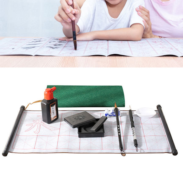Student Calligraphy Practice Tool Set Writing Brush Ink Stick Writing Cloth (Blue)