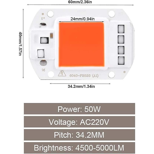 50W LED-källchip COB-chip Superljusintensitet Ljusutsändare Komponenter för DIY Växthusljus, Grönsaker inomhusväxter och blommor AC220V (Röd)