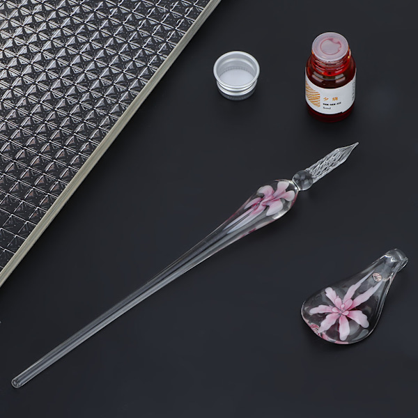 Retro Crystal Elegant Flower Glass Dip Pen Signature Ink Fountain Pen with Ink Penholder Pink
