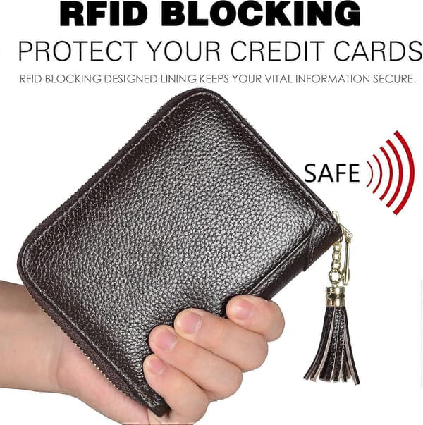 Kreditkortholder/pung til kvinder med lynlås, kortholder i ægte læder, RFID-beskyttelse (sort)