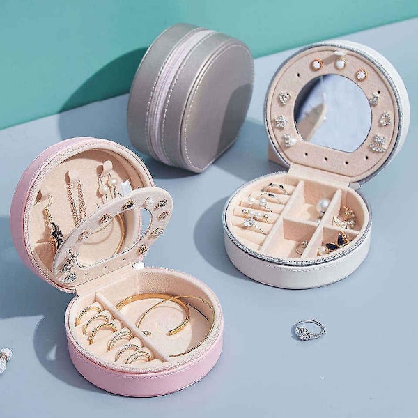 Rund Rosa Sammets Smyckeskrin med Spegel Mini Reseväska Plysch Reseväska Perfekt Present