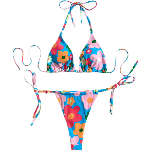 Dame Blomsterprint Halter Triangle Bikini Sæt Todelt Badedragt Blå Blomst L