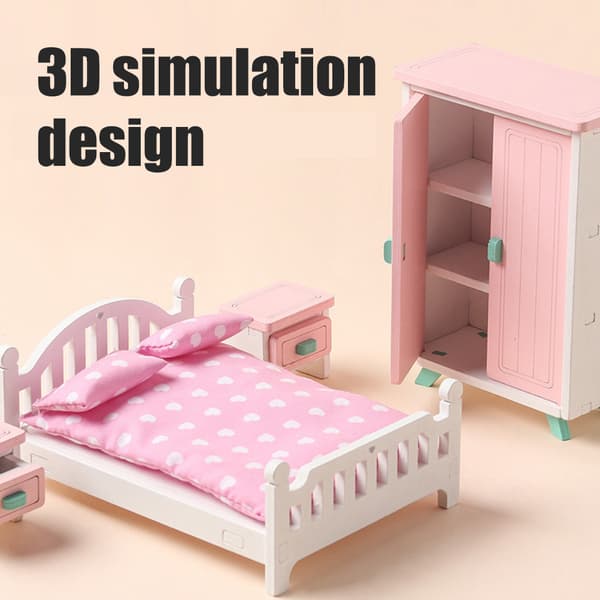 Flickor Trä Rosa Sovrum Lekset Låtsaslek Dockhus Möbler Set Simulering Miniatyr Display Modell