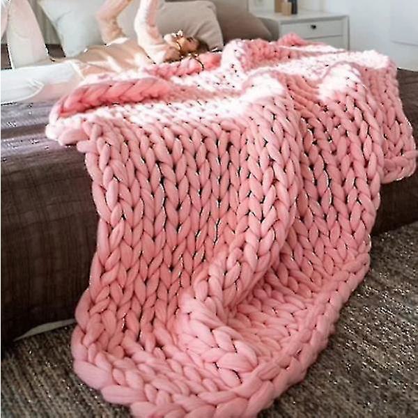 Tykk strikket rosa ullpledd 80x80cm