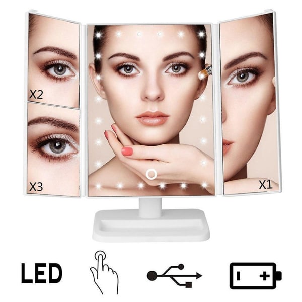 Triptyk LED sminkspegel - 3 paneler, vertikal vikbar design, 2X/3X förstoring, batteri/ USB