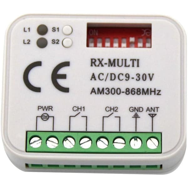 – Radiomottaker for motorisering – Frekvenser 433/868 MHz – AC/DC 9-30V strømforsyning – Rekkevidde opptil 150 meter – Programmerbar opptil 400 koder